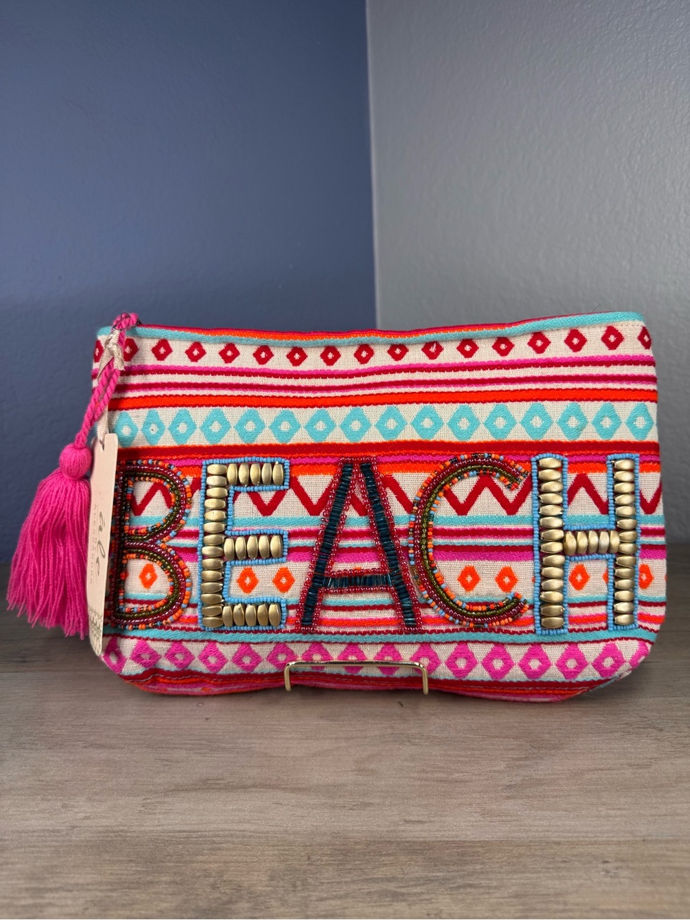 Ale By Alessandra Beach Beaded Tassel Zip Clutch Pouch NWT 11x7 Boho